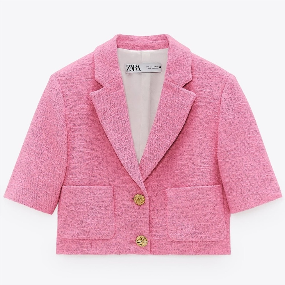 Zara Pink Textured Blazer with Gold Buttons